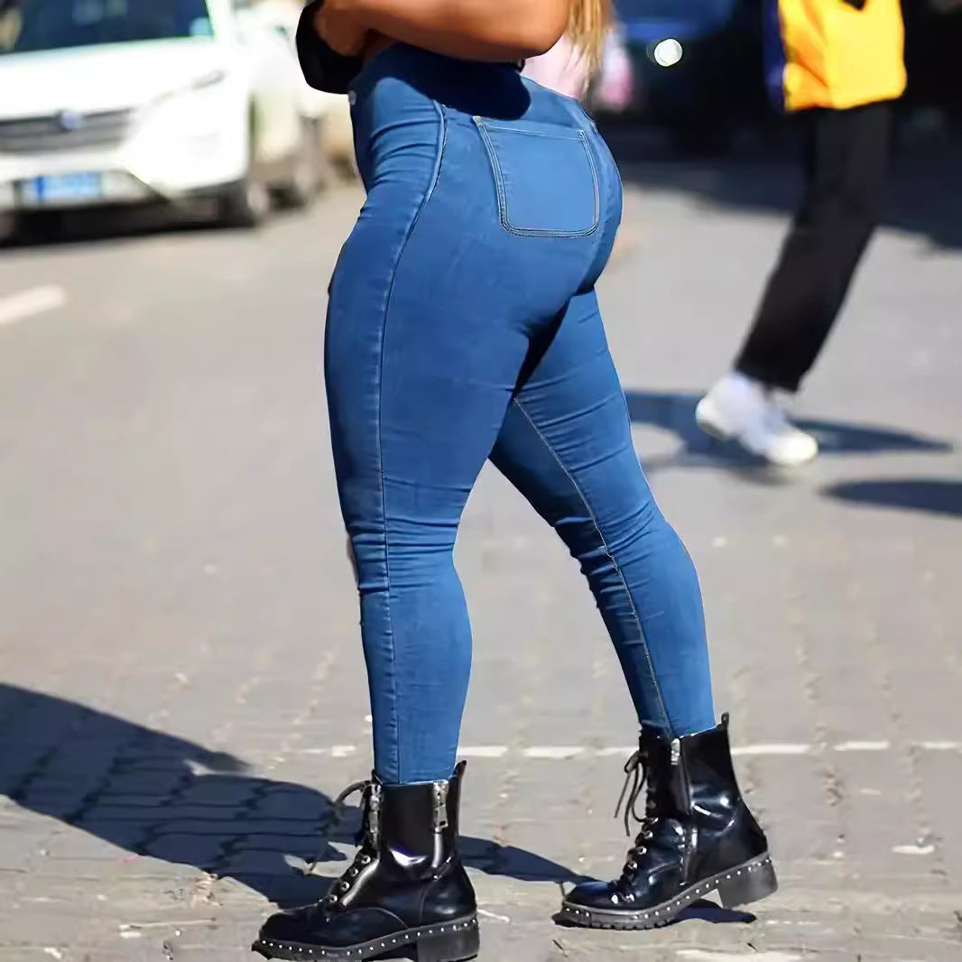 Spring Autumn Women's Skinny Fit Denim Jeans Solid Color High Waist Pencil Pants
