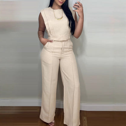 Summer Sleeveless Suit Fashion Round Neck Vest Top And Pocket Straight Pants Casual Trousers Set