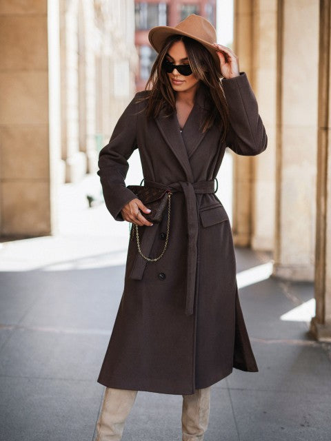 Minimalist Long Sleeve Suit Collar Strap Woolen Coat Women's Clothing