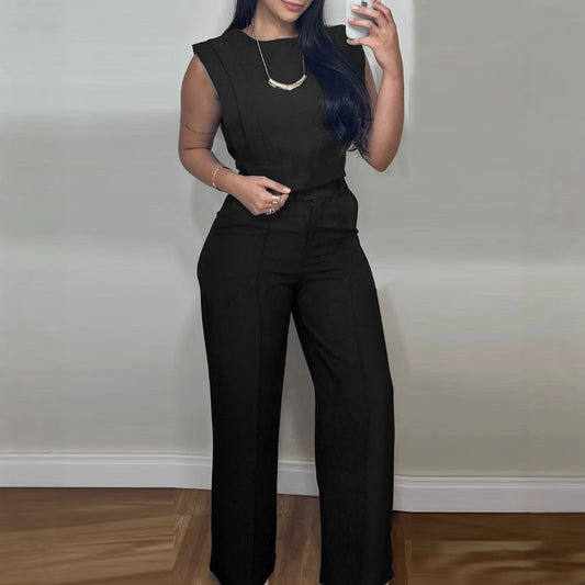 Summer Sleeveless Suit Fashion Round Neck Vest Top And Pocket Straight Pants Casual Trousers Set