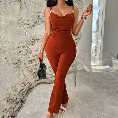 WoCasual Style Solid Color Sling Metal Jumpsuit