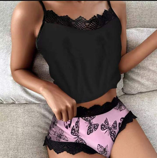 Printed Lace Lace Spaghetti-strap Two-piece Pajamas Women