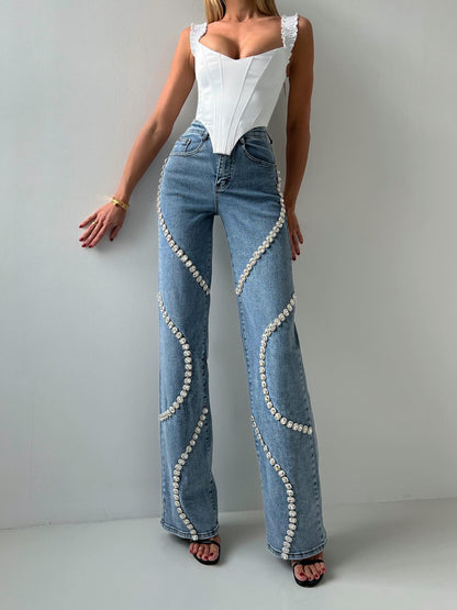 Loose Straight Leg Casual Pants With A Rhine Stone Denim Design