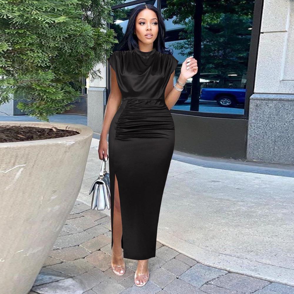 Short Sleeve Silk Slit Dress