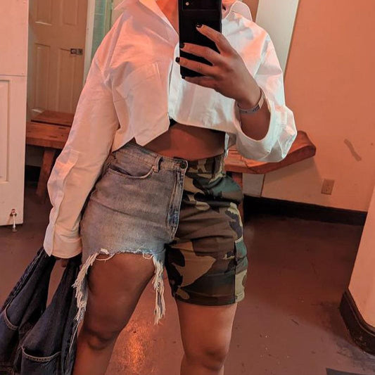 Women's Denim Stitched Camouflage Shorts - Branpairriel Clothing Store