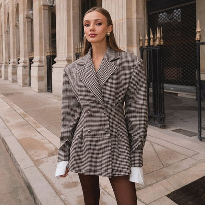 Plaid Waist-tight Suit Jacket For Women