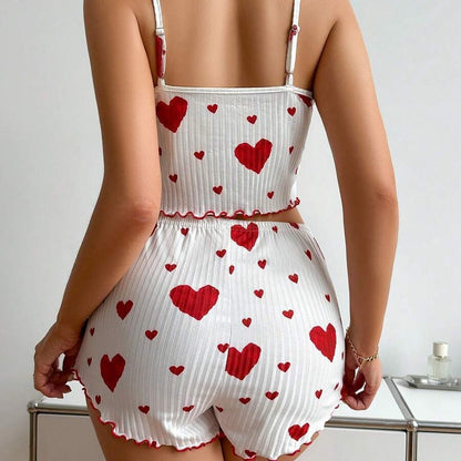 Heart Printing Suspender Shorts Casual Sunken Stripe Outerwear European And American Style Women Pajamas