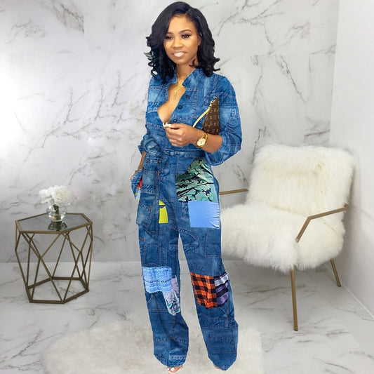 Printed Denim Jumpsuit