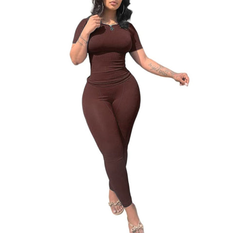 Solid Color Slim-fit Short-sleeved High Waist Tight Trousers Casual Suit