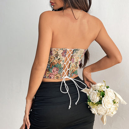 Floral Print Tube Vest Top With Back-tied Design Fashion Crop Corset
