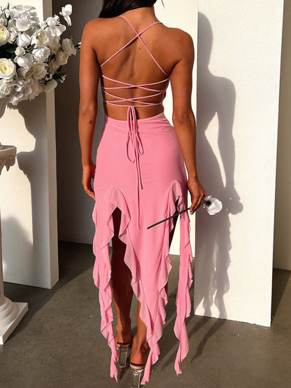 Sexy Suspender Tight Slim Skirt  Split Ruffle Design Dress