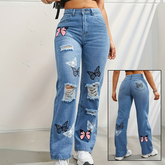 High Waisted Straight Leg Jeans Trendy Butterfly Print Ripped Distressed Denim Pants